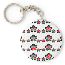 Keychain Metal Red Silver Flowers