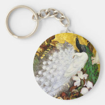 Keychain: White and Blue Peacocks