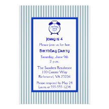 Kids Blue & White Stripe Cute Clock Birthday Party Invites