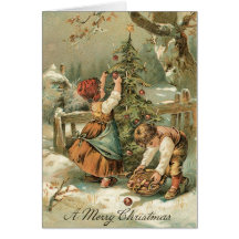 Kids decorating Christmas Tree outside Cards