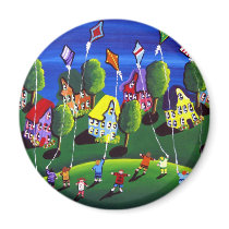Kids Flying Kites Folk Art