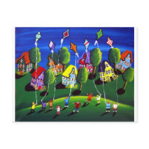 Kids Flying Kites Folk Art