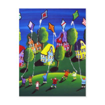 Kids Flying Kites Folk Art