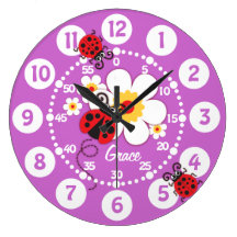Kids ladybug & flower cute purple girls wall clock