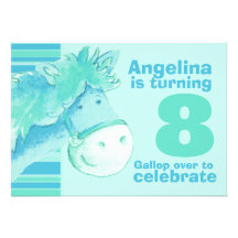 Kids pony treking 8 birthday aqua birthday invite
