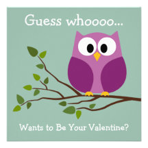 Kids Valentines Day Card with Cute Cartoon Owl Invitation