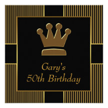 King Crown Mans Black Gold Birthday Party Personalized Invites