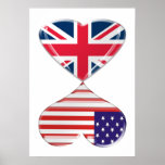 Kissing USA and UK Hearts Flags Art Poster