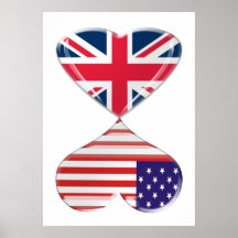 Kissing USA and UK Hearts Flags Art Poster