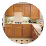 Kitchen interior with breakfast bar and oven stickers