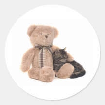 kitten in the arms of a teddy bear adhésifs ronds
