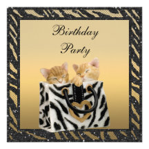 Kittens & Zebra Print Faux Glitter Gold Birthday Personalised Announcement