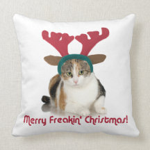 Kitty Cat & Antlers Merry Freakin Christmas Throw Pillow