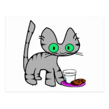 Kitty With Milk And Cookies Post Cards