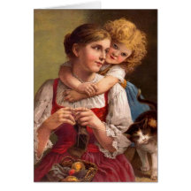 Knitting mother with child and cat greeting cards