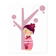 Kokeshi Sakura & Cherry Tree Postcard