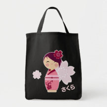 Kokeshi Sakura Grocery Tote Canvas Bag