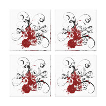 KRW Red Floral Grunge Quad Wrapped Canvas