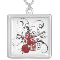 KRW Red Floral Grunge Sterling Silver Necklace