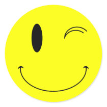 KRW Yellow Winking Smiley Face Round Sticker