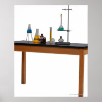 Lab table with chemicals posters