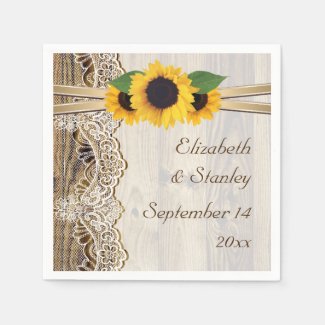 Lace and sunflowers on wood wedding paper serviettes