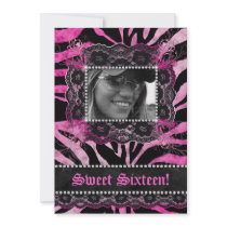 Lace Diamonds Sweet 16 Birthday Party Zebra Pink Custom Invitation