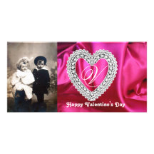 LACE HEART MONOGRAM SILK FUCHSIA CLOTH ,Pink White Customized Photo Card
