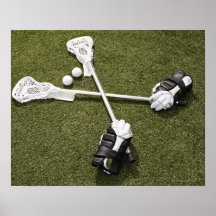 Lacrosse sticks, gloves and balls on artificial print