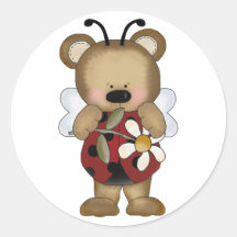 Lady Bug Baby Bear With Daisy Round Stickers