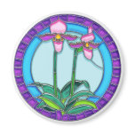 Lady Slipper Orchids in Circular Stained Glass magnets