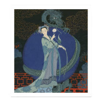 Lady with a Dragon (colour litho) posters