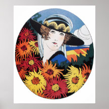 Lady with Chrysanthemum Flowers Print