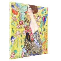 Lady with Fan by Gustav Klimt, Vintage Japonism Stretched Canvas Print