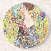 Lady with Fan by Gustav Klimt, Vintage Japonism Beverage Coasters