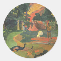 Landscape w Peacocks by Gauguin, Vintage Fine Art Round Stickers