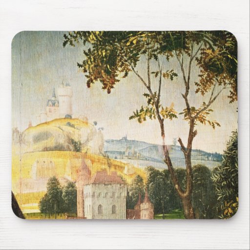 Landscape with castle in a moat and two swans mousepads