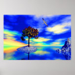 landscape with tree and bird in blue-multicolour posters