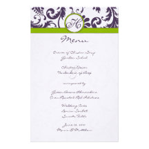Lapis Purple and Apple Green Damask Wedding Menu Stationery Design