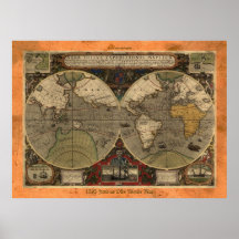 Large "1595 World Map of Hondius" Historic Map Poster