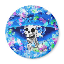 Laughing Skeleton Woman in Blue Bonnet on Blue Magnet