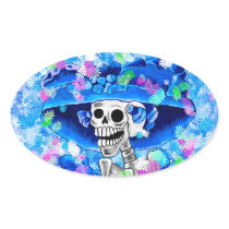 Laughing Skeleton Woman in Blue Bonnet on Blue Stickers