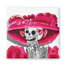 Laughing Skeleton Woman in Red Bonnet Fridge Magnet