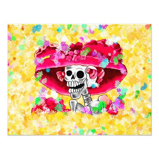 Laughing Skeleton Woman in Red Bonnet on Yellow Personalized Announcements