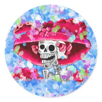 Laughing Skeleton Woman in Red Bonnet Round Stickers
