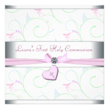 Lavender Pink Heart Pink Cross First Communion Custom Invitations