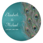 Lavish Peacock Feathers Round Wedding Favour Label stickers