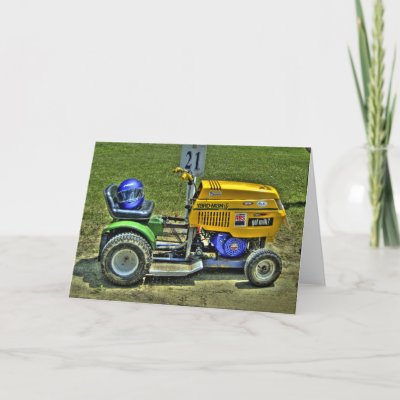 Auto Racing Christmas Card on Card Depicting A Racing Lawnmower On The Front