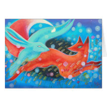 Leaping Fox with Hare. Greeting Cards