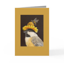 Leila the chickadee with bee and flower hat greeting card